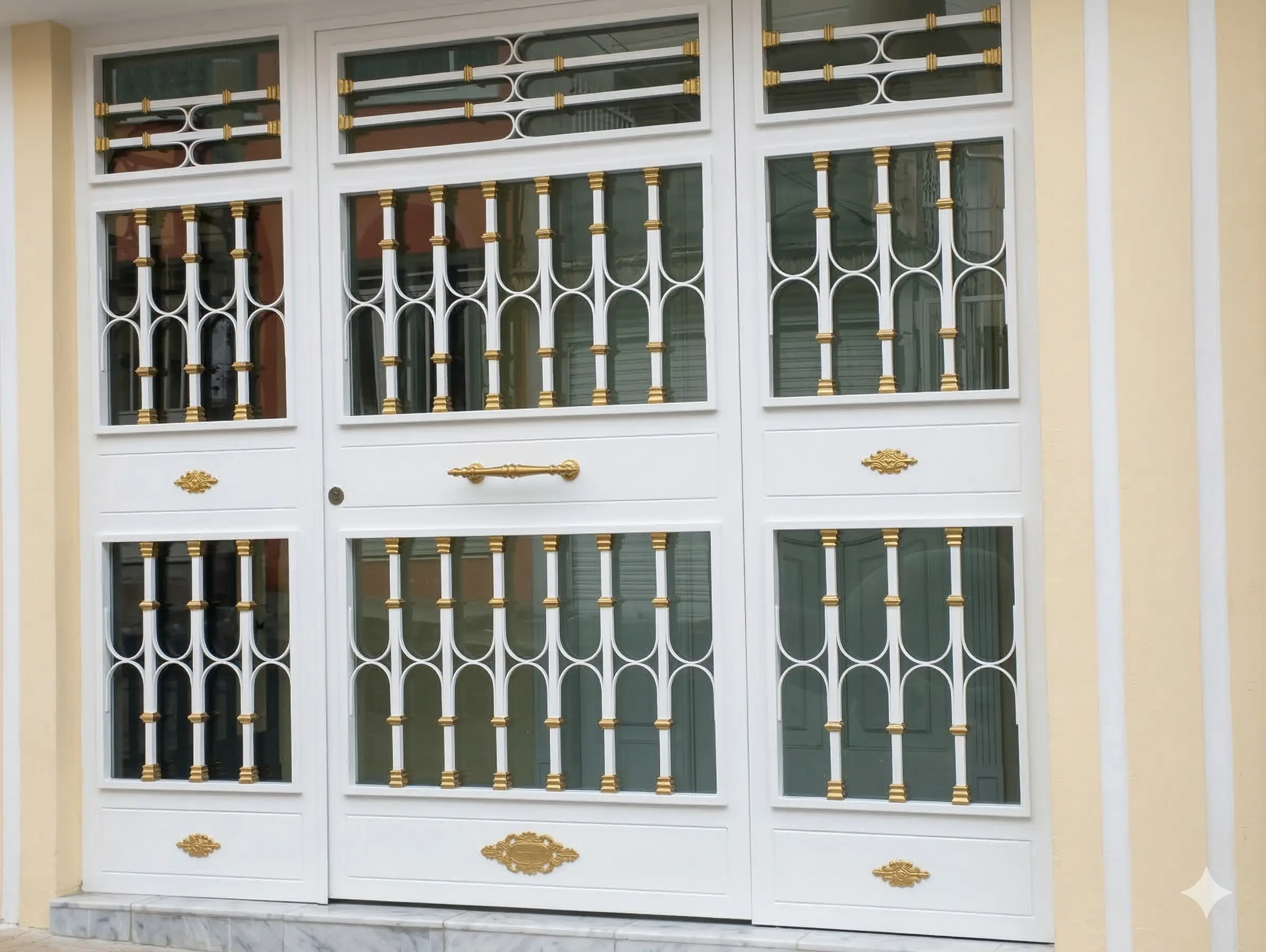 Portón de garaje blanco de tres hojas con vidrio y rejilla decorativa
